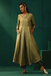 Truebrowns Green Square Viscose Silk Flared Kurta Pant Set